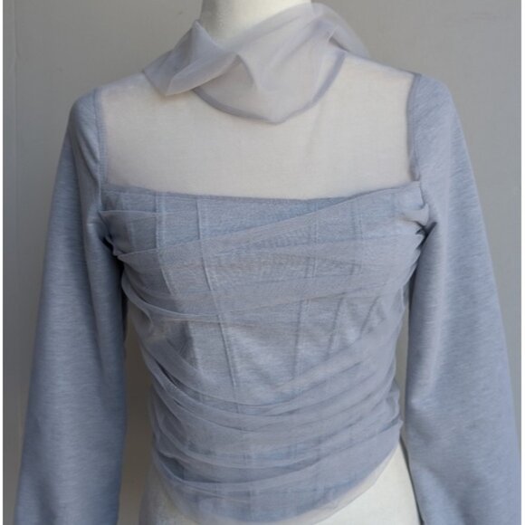 Mock Neck Mesh Sheer Gray Long Sleeve Top - Picture 1 of 9